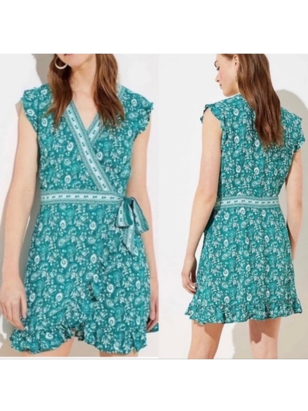 LOFT Green Paisley Ruffle Half Wrap Skort Romper Tie Front Women’s Size 8